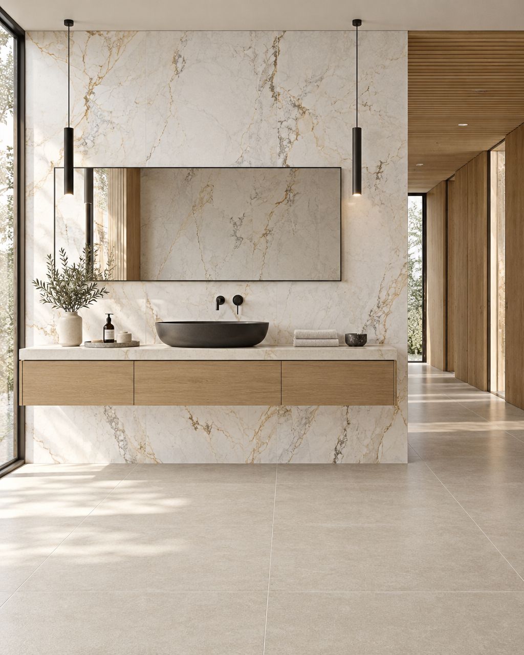 Illustrative bathroom design with marble-look wall tiles, pale flooring and warm wood cabinetry
