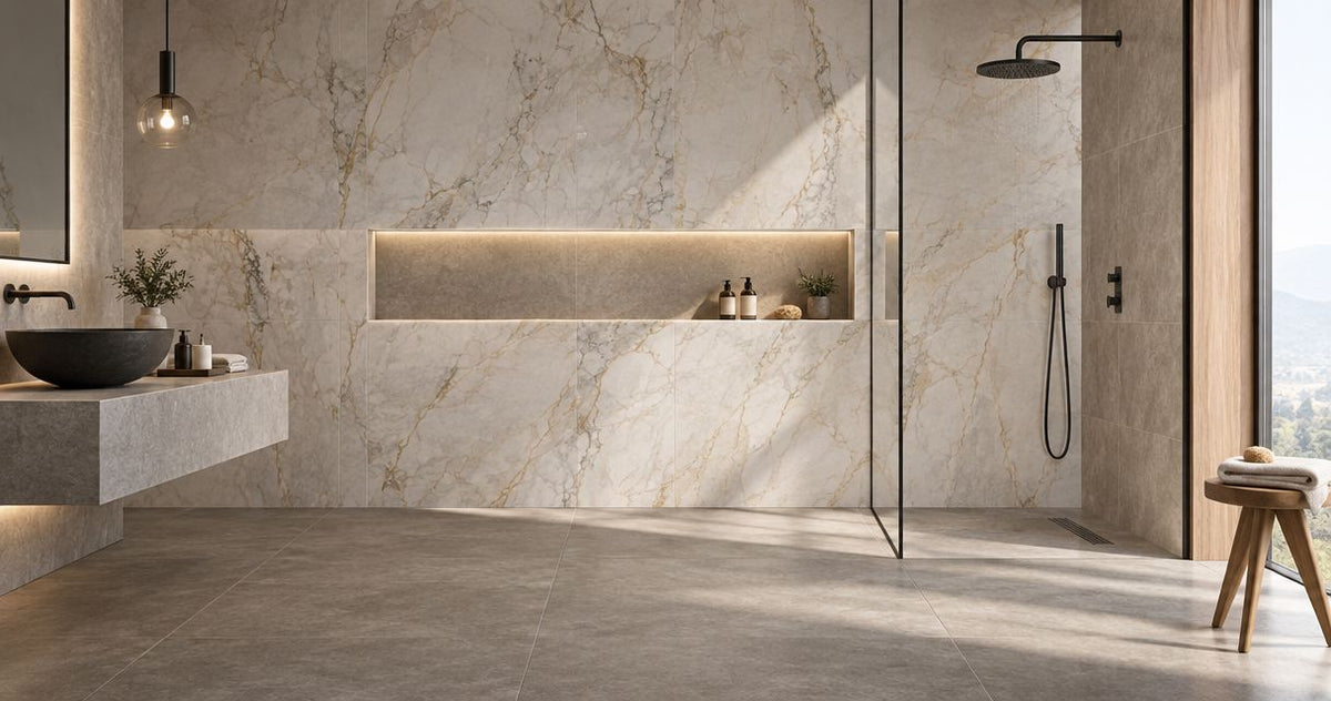 Large format shower tile walls: planning niches and corners