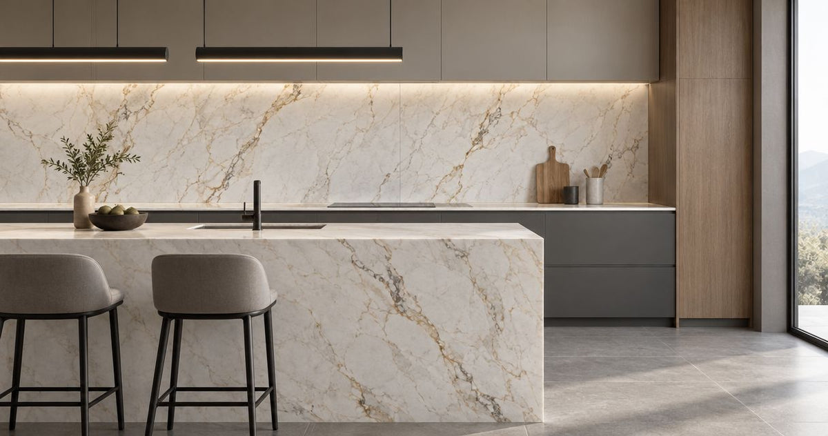 Porcelain slabs for a backsplash: seams, outlets and layout