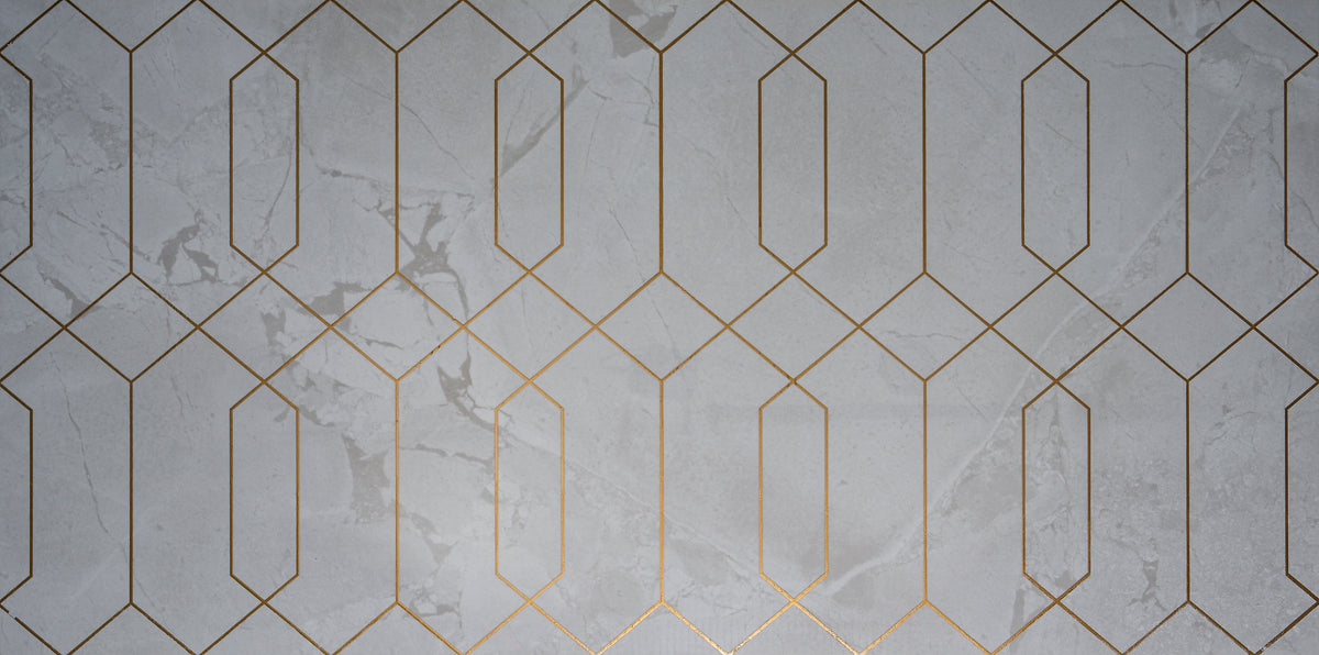 Geometric pattern with gold lines on a white marble background