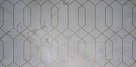 Geometric pattern with gold lines on a white marble background